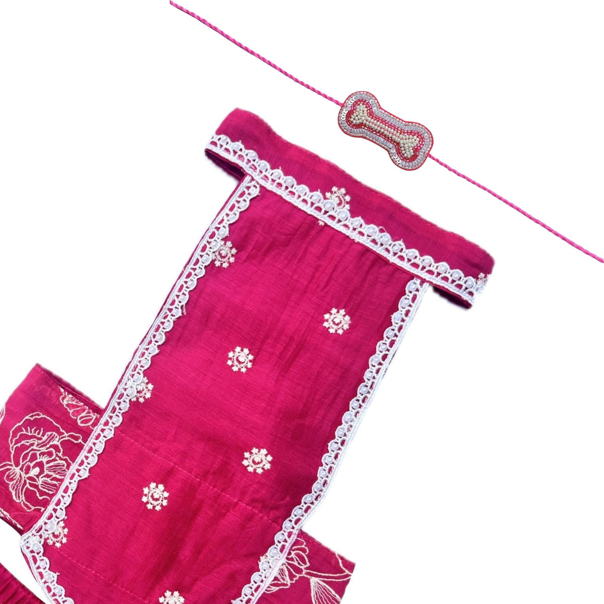 FUCHSIA PINK OFF-WHITE EMBROIDERY LEHENGA + PEARL BONE RAKHI FOR DOGS AND CATS