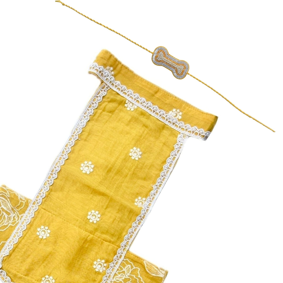 YELLOW OFF-WHITE EMBROIDERY LEHENGA + PEARL BONE RAKHI FOR DOGS AND CATS