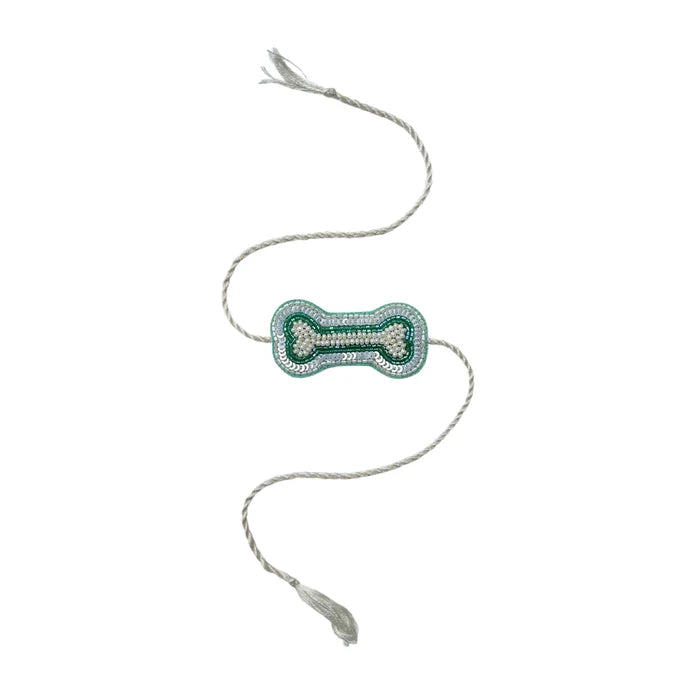 TEAL BLUE FLOWER EMBROIDERED DOG KURTA+AQUA GREEN PEARL BONE RAKHI FOR DOGS AND CATS