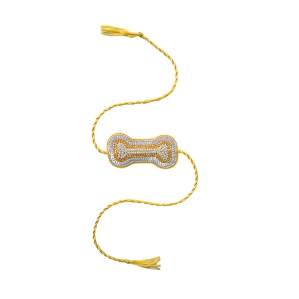 YELLOW OFF-WHITE EMBROIDERY SHERWANI+SILVER YELLOW PEARL BONE RAKHI FOR DOGS AND CATS