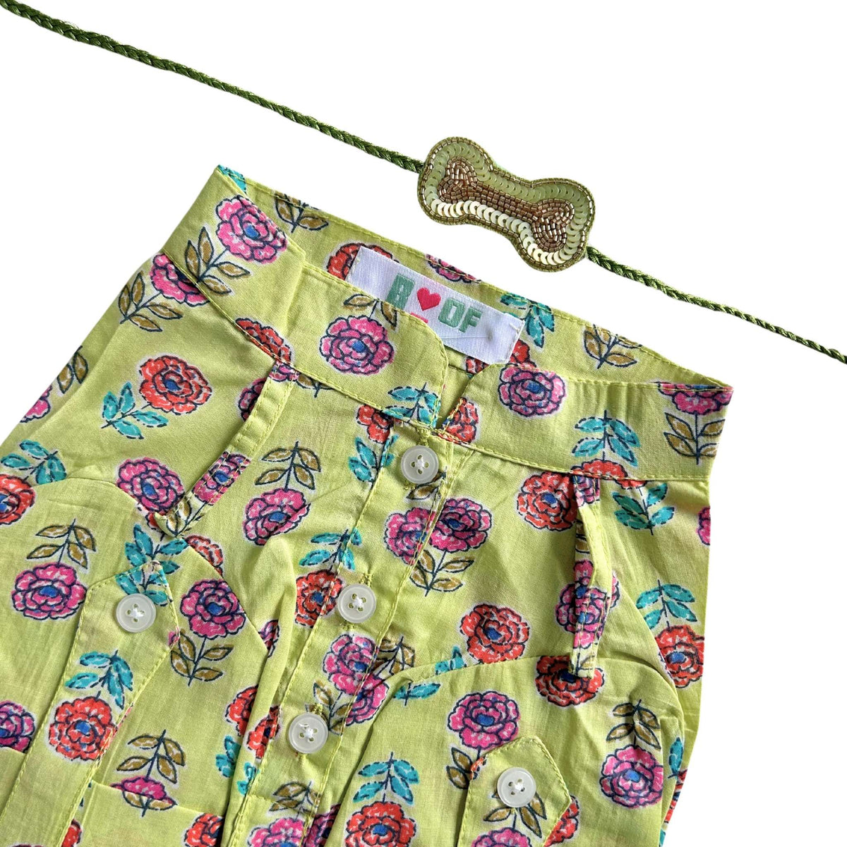 LIME GREEN GULAB COTTON KURTA + BONE RAKHI FOR DOGS AND CATS