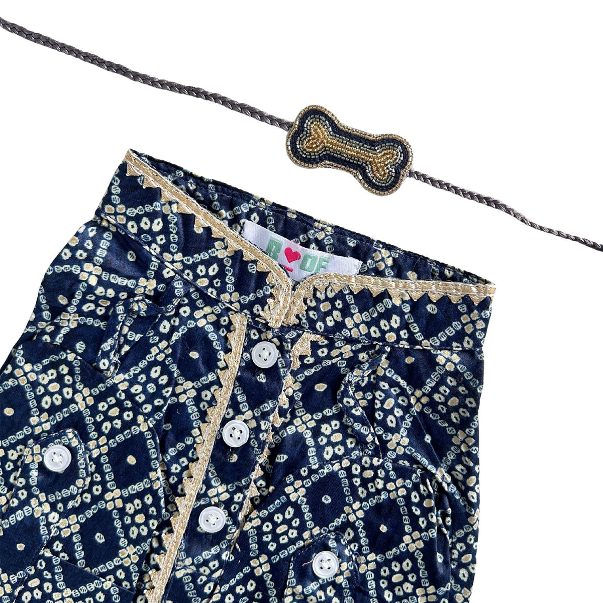 NAVY BLUE BANDHANI COTTON KURTA + BONE RAKHI FOR DOGS AND CATS