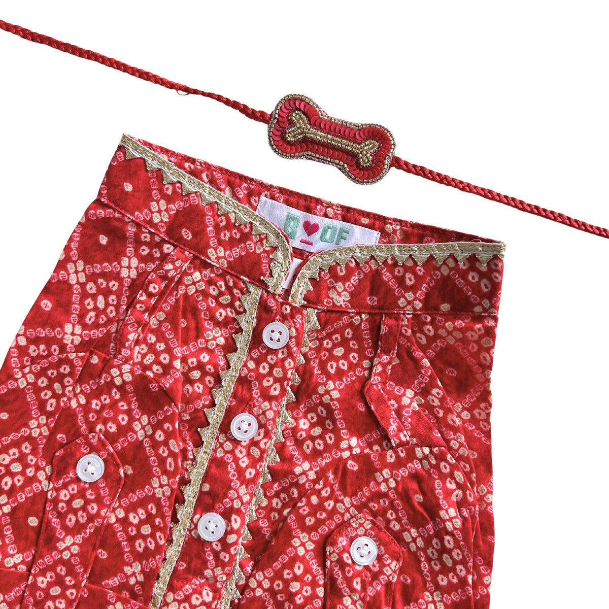 RED BANDHANI COTTON KURTA + BONE RAKHI FOR DOGS AND CATS