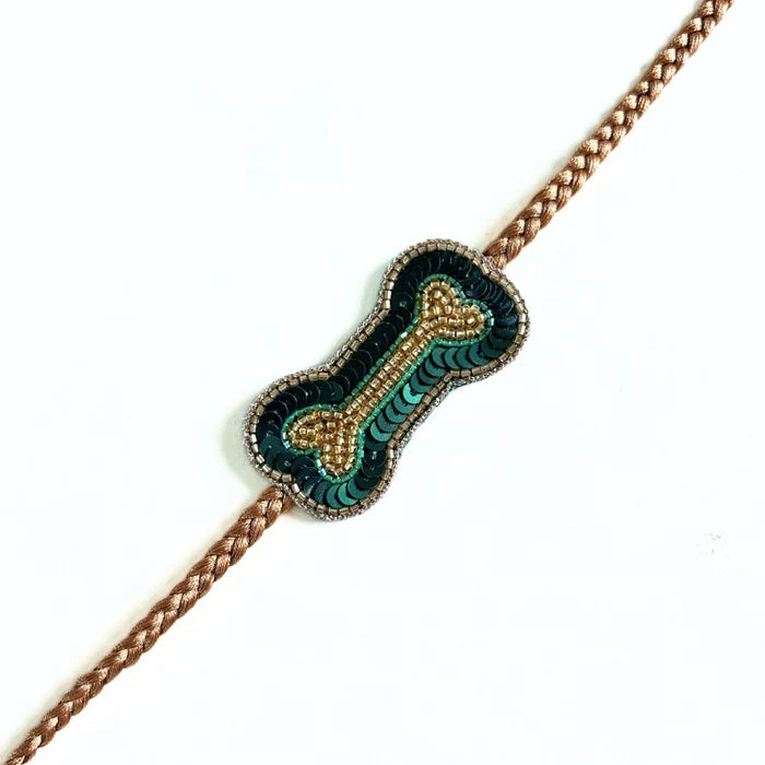 BOTTLE GREEN TISSUE BUTI DOG KURTA+EMERALD GREEN BONE RAKHI FOR DOGS AND CATS