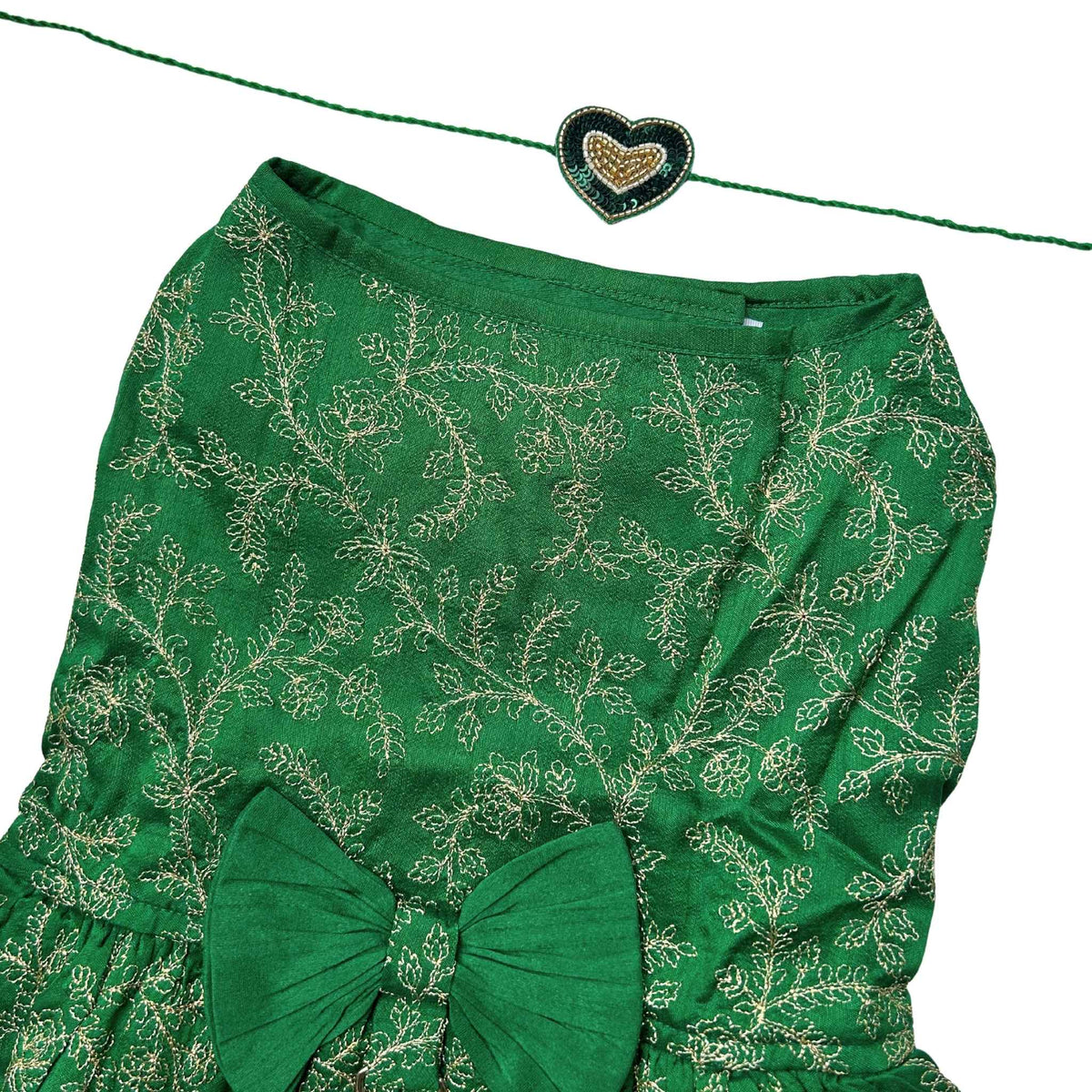 GREEN HARNESS STYLE DRESS + HEART RAKHI FOR DOGS AND CATS