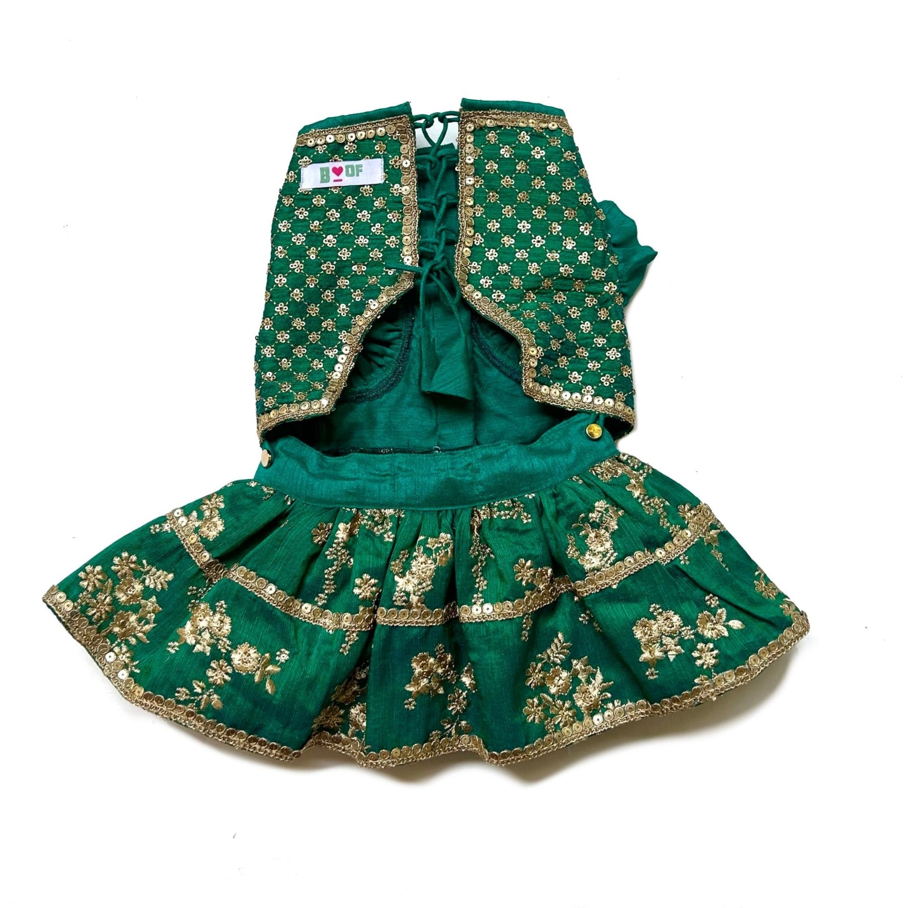 EMERALD GREEN GOLD LEHENGA + GREEN HEART RAKHI FOR DOGS AND CATS