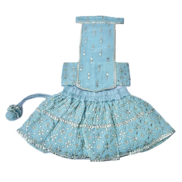 POWDER BLUE FESTIVE LEHENGA+BLUE BONE RAKHI FOR DOGS AND CATS