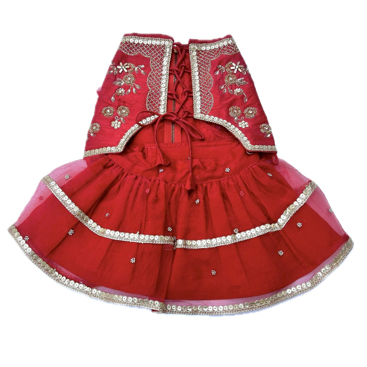 RED HAND EMBROIDERED GOLD FLOWERS DOG LEHENGA