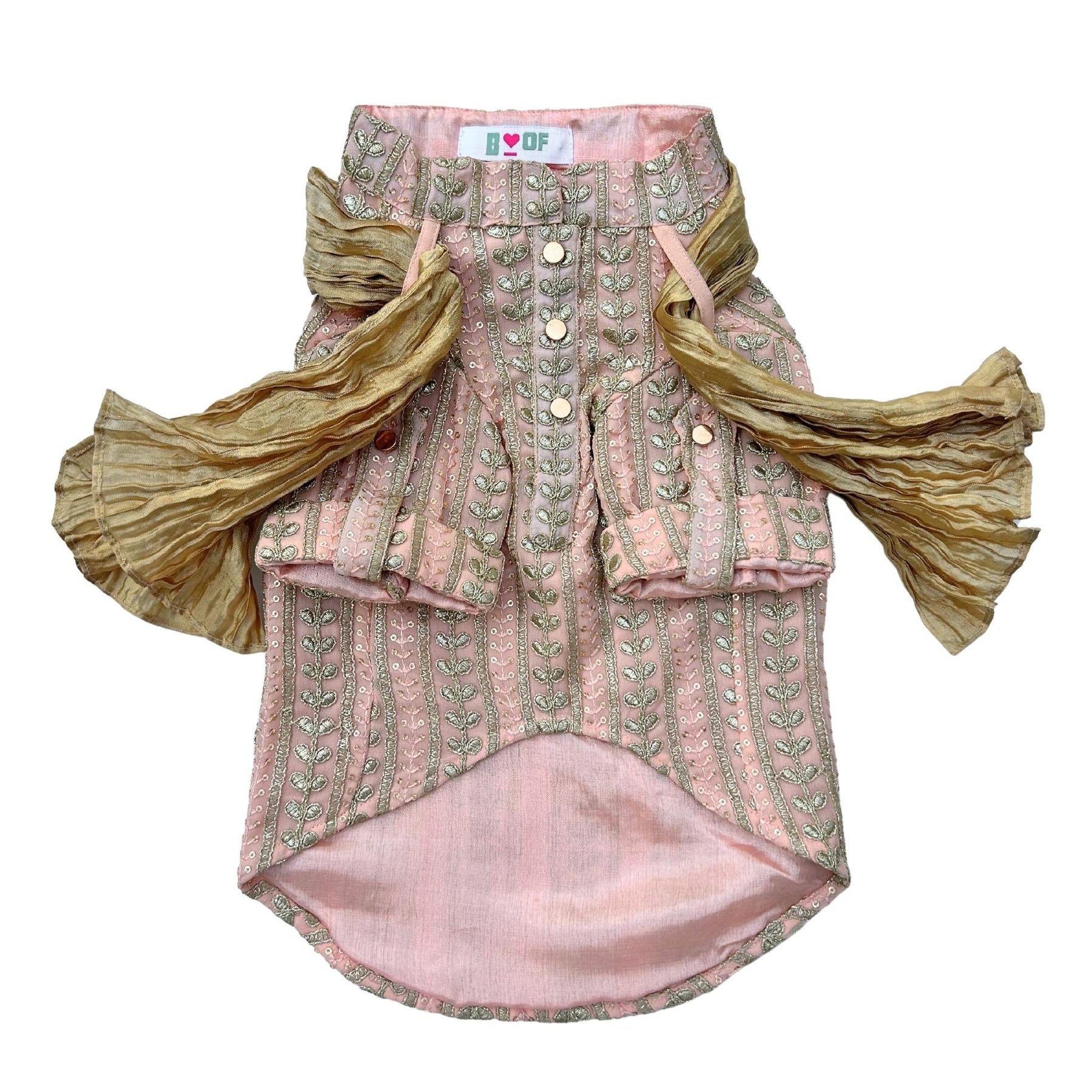 PEACH PINK LEAF DOG KURTA+LIGHT PINK PEARL RAKHI FOR DOGS AND CATS