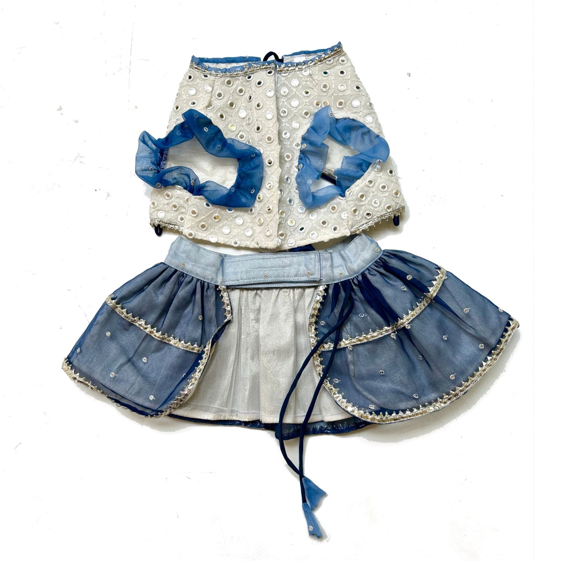 MIRROR WORK BLUE LEHENGA + SEQUINS BONE RAKHI FOR DOGS AND CATS