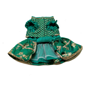 EMERALD GREEN GOLD LEHENGA + GREEN HEART RAKHI FOR DOGS AND CATS