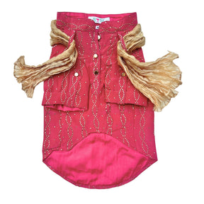 RUBY PINK MUKAISH WORK DOG KURTA+PINK GOLD BONE RAKHI FOR DOGS AND CATS