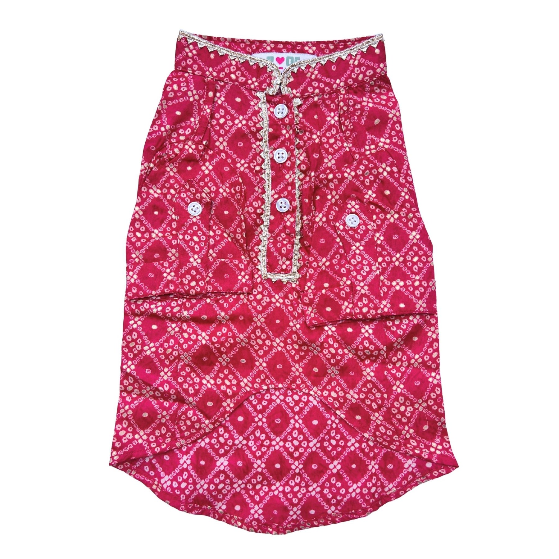 PINK BANDHANI COTTON KURTA + BONE RAKHI FOR DOGS AND CATS