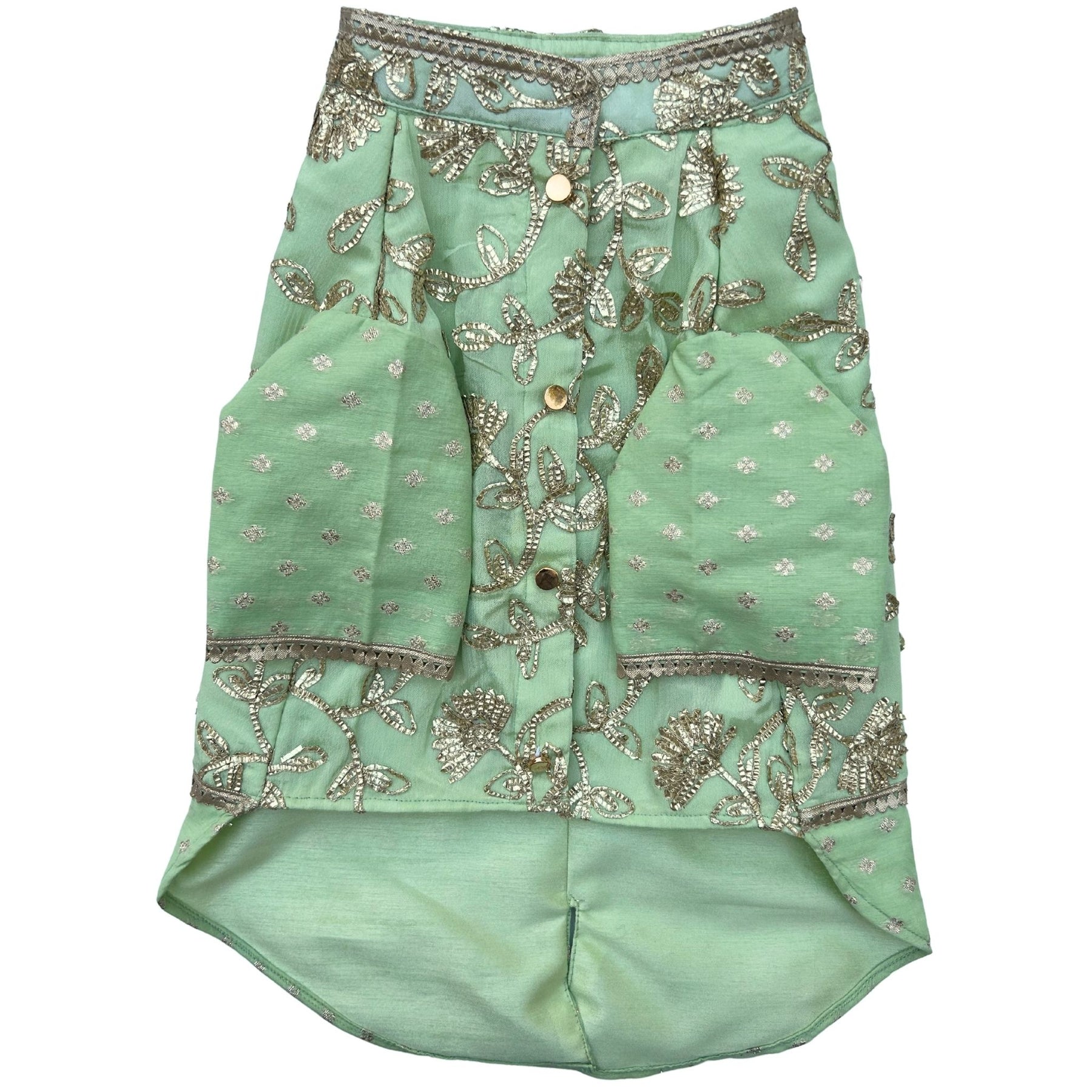 PASTEL GREEN GOTA EMBROIDERY WAISTCOAT STYLE DOG KURTA+AQUA GREEN PEARL BONE RAKHI FOR DOGS AND CATS