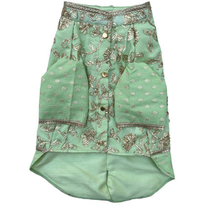PASTEL GREEN GOTA EMBROIDERY WAISTCOAT STYLE DOG KURTA+AQUA GREEN PEARL BONE RAKHI FOR DOGS AND CATS