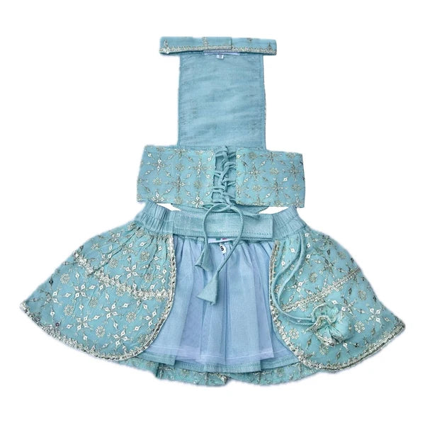 POWDER BLUE FESTIVE LEHENGA+BLUE BONE RAKHI FOR DOGS AND CATS