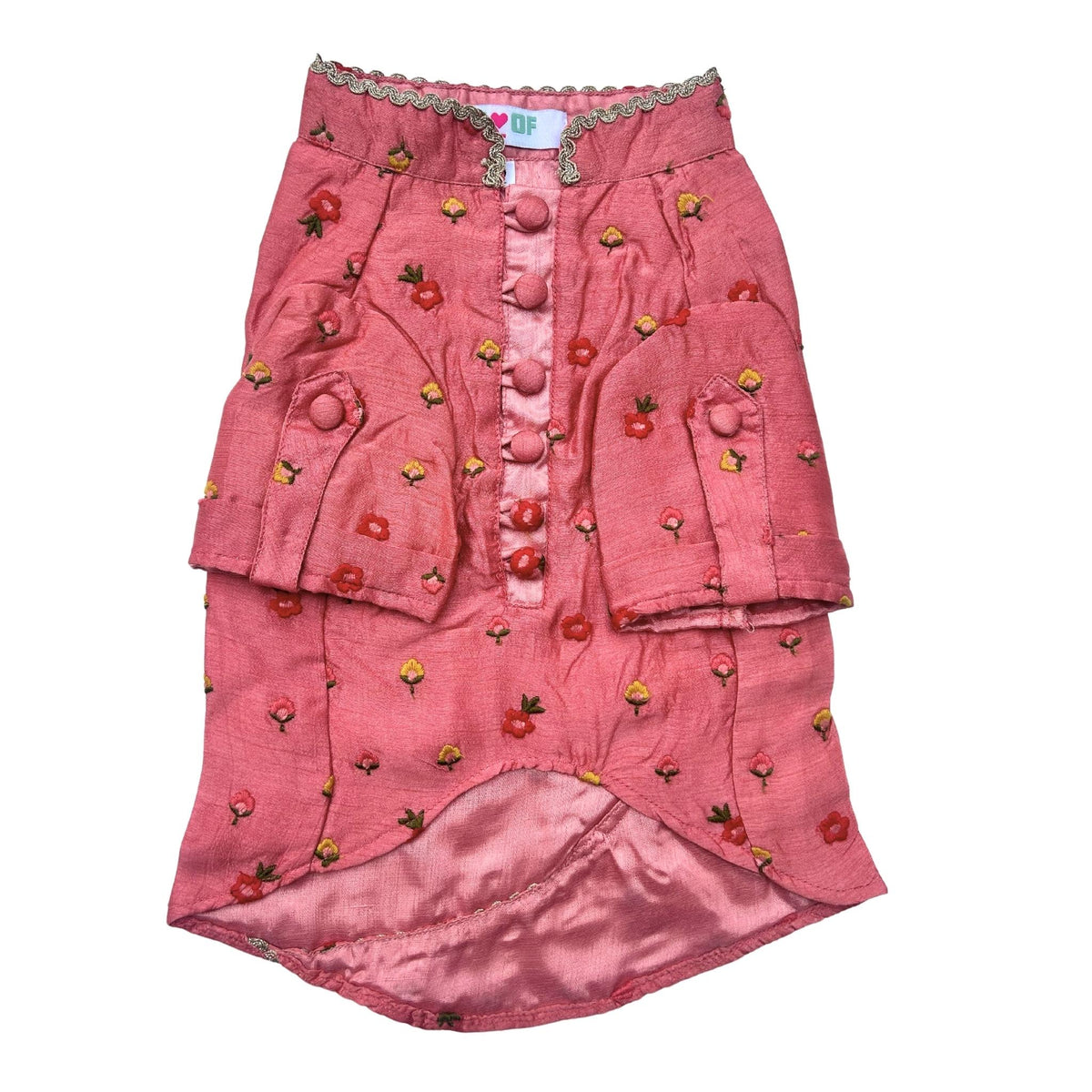 PEACH ORANGE FLOWER EMBROIDERED DOG KURTA+RED BONE RAKHI FOR DOGS AND CATS