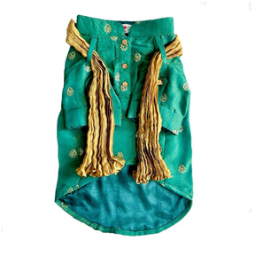 BOTTLE GREEN TISSUE BUTI DOG KURTA+EMERALD GREEN BONE RAKHI FOR DOGS AND CATS