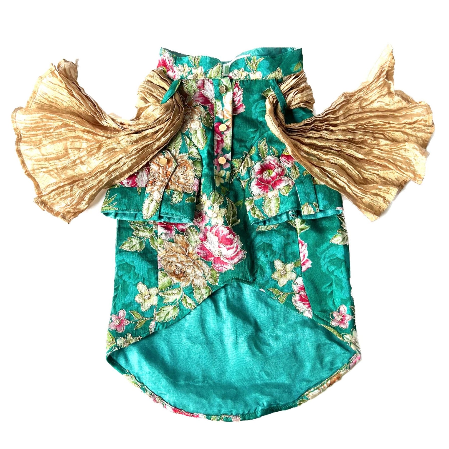 GREEN FLORAL ZARI DOG KURTA+EMERALD GREEN BONE RAKHI FOR DOGS AND CATS