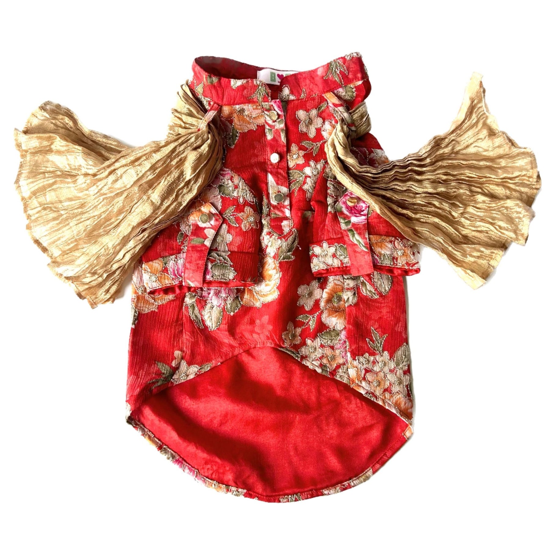 RED FLORAL ZARI DOG KURTA + RED BONE RAKHI FOR DOGS AND CATS