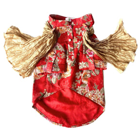 RED FLORAL ZARI DOG KURTA + RED BONE RAKHI FOR DOGS AND CATS