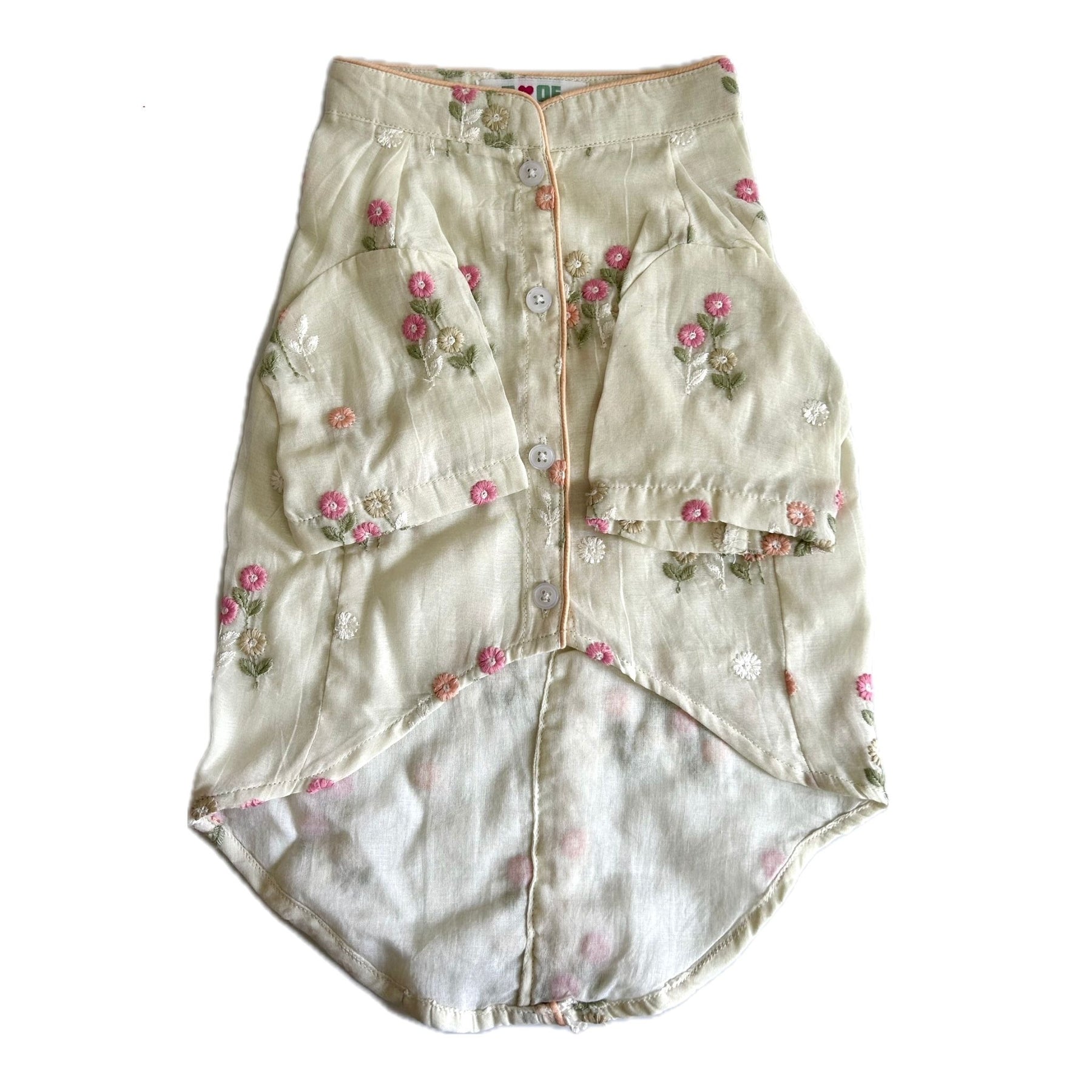OFF-WHITE FLOWER EMBROIDERED DOG KURTA+LIGHT PINK PEARL RAKHI FOR DOGS AND CATS