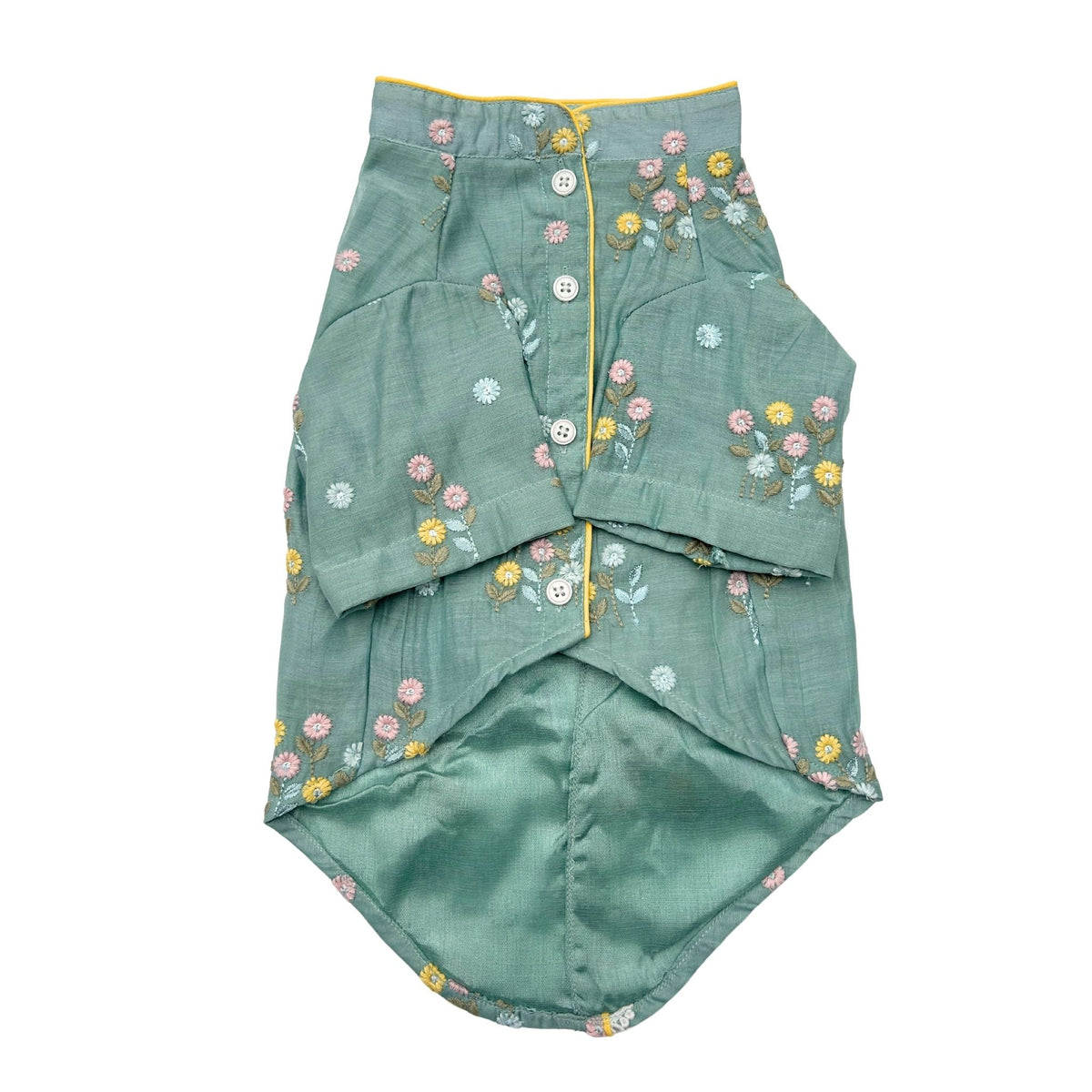 TEAL BLUE FLOWER EMBROIDERED DOG KURTA+AQUA GREEN PEARL BONE RAKHI FOR DOGS AND CATS