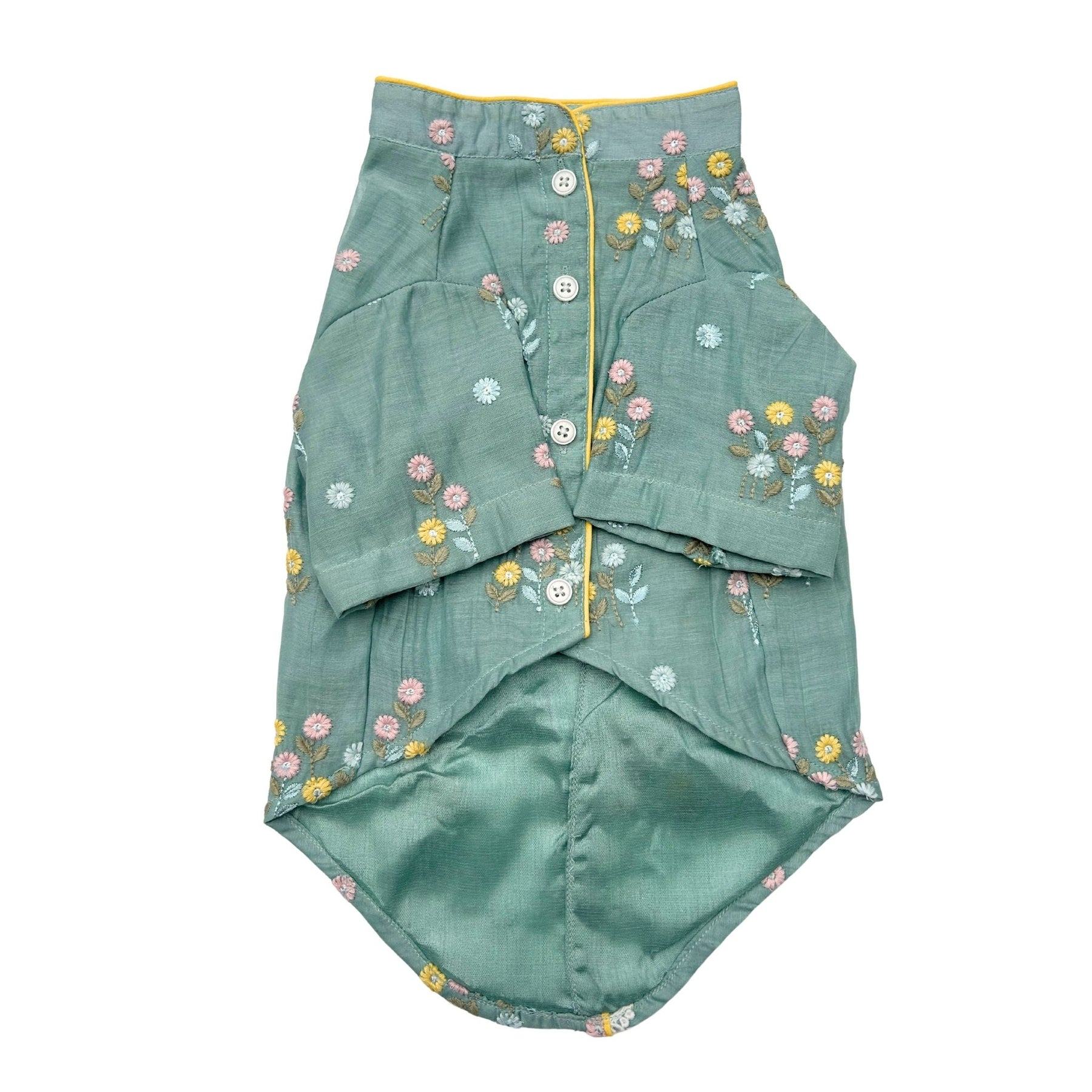 TEAL BLUE FLOWER EMBROIDERED DOG KURTA+AQUA GREEN PEARL BONE RAKHI FOR DOGS AND CATS