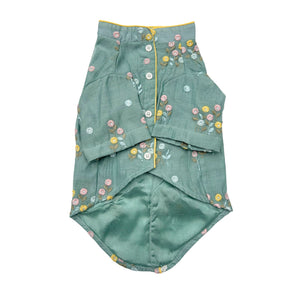 TEAL BLUE FLOWER EMBROIDERED DOG KURTA+AQUA GREEN PEARL BONE RAKHI FOR DOGS AND CATS