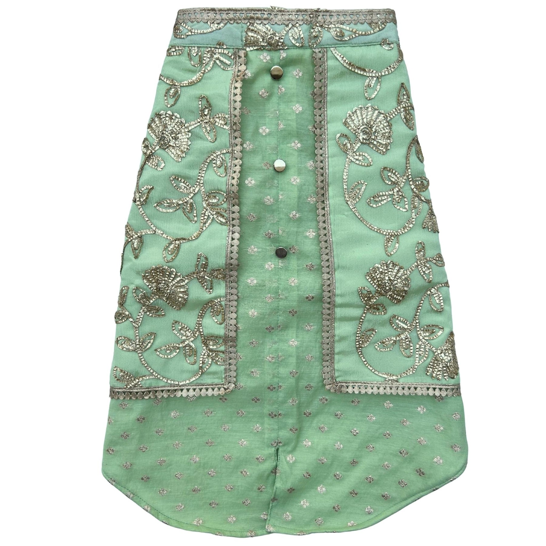 PASTEL GREEN GOTA EMBROIDERY WAISTCOAT STYLE DOG KURTA+AQUA GREEN PEARL BONE RAKHI FOR DOGS AND CATS