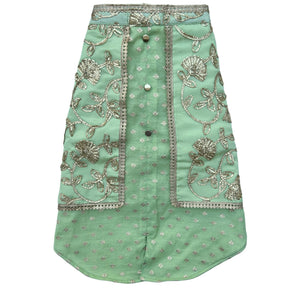 PASTEL GREEN GOTA EMBROIDERY WAISTCOAT STYLE DOG KURTA+AQUA GREEN PEARL BONE RAKHI FOR DOGS AND CATS