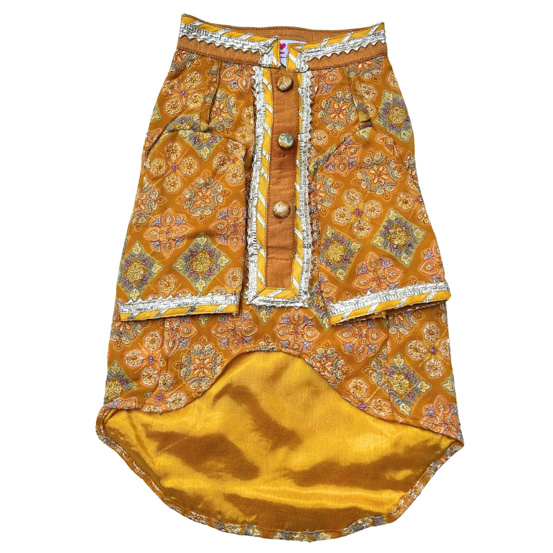 MUSTARD YELLOW PATIALA MOTIF DOG KURTA+SILVER YELLOW PEARL BONE RAKHI FOR DOGS AND CATS