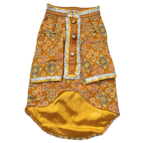 MUSTARD YELLOW PATIALA MOTIF DOG KURTA+SILVER YELLOW PEARL BONE RAKHI FOR DOGS AND CATS