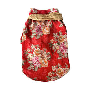 RED FLORAL ZARI DOG KURTA + RED BONE RAKHI FOR DOGS AND CATS