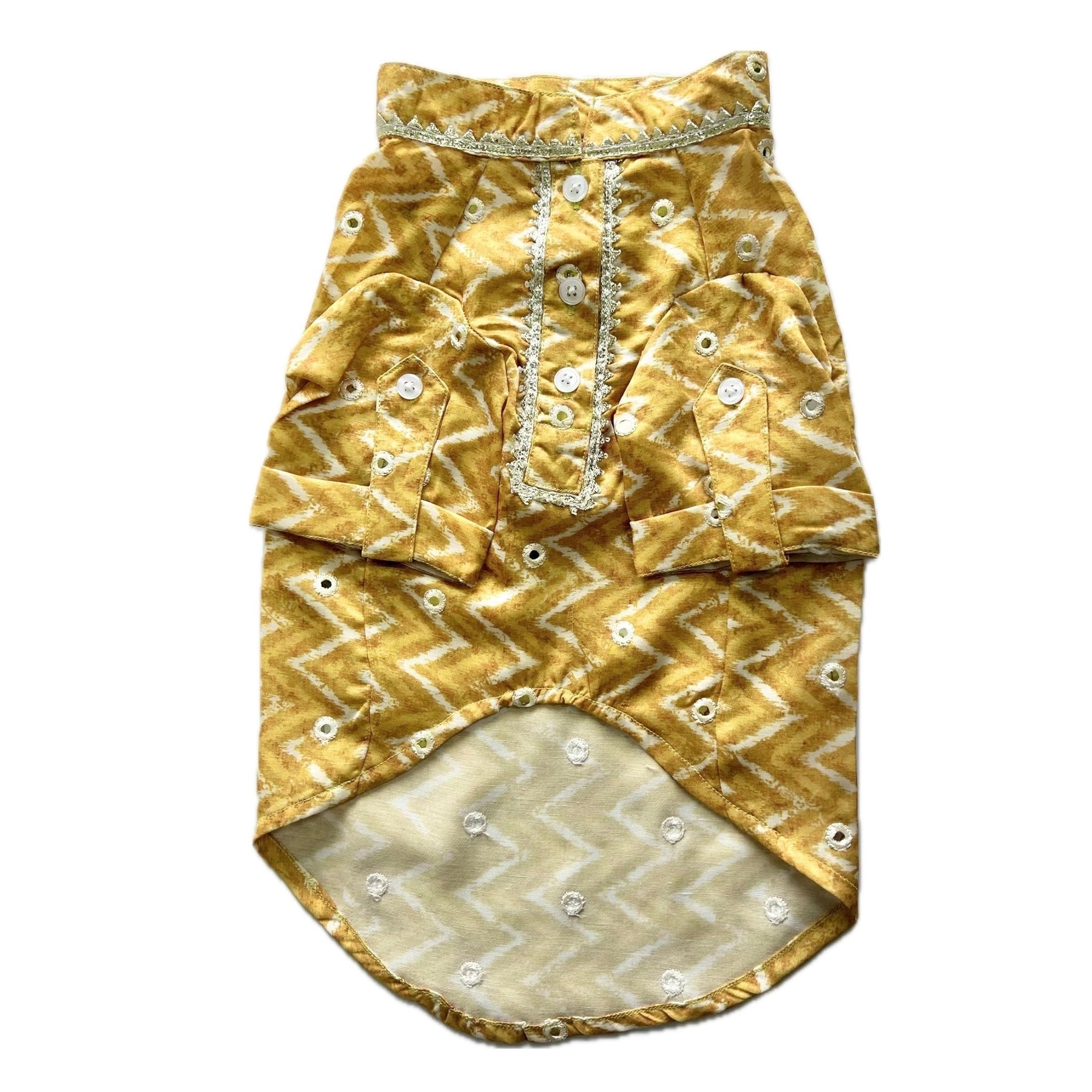 YELLOW CHEVRON MIRROR DOG KURTA+SILVER YELLOW PEARL BONE RAKHI FOR DOGS AND CATS
