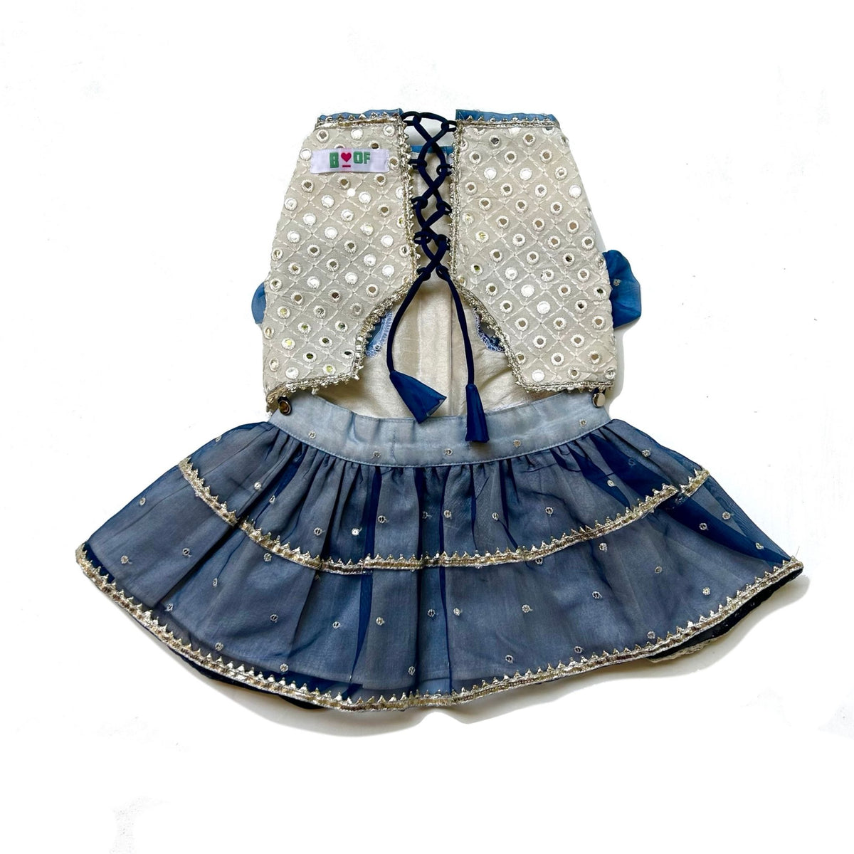 MIRROR WORK BLUE LEHENGA + SEQUINS BONE RAKHI FOR DOGS AND CATS