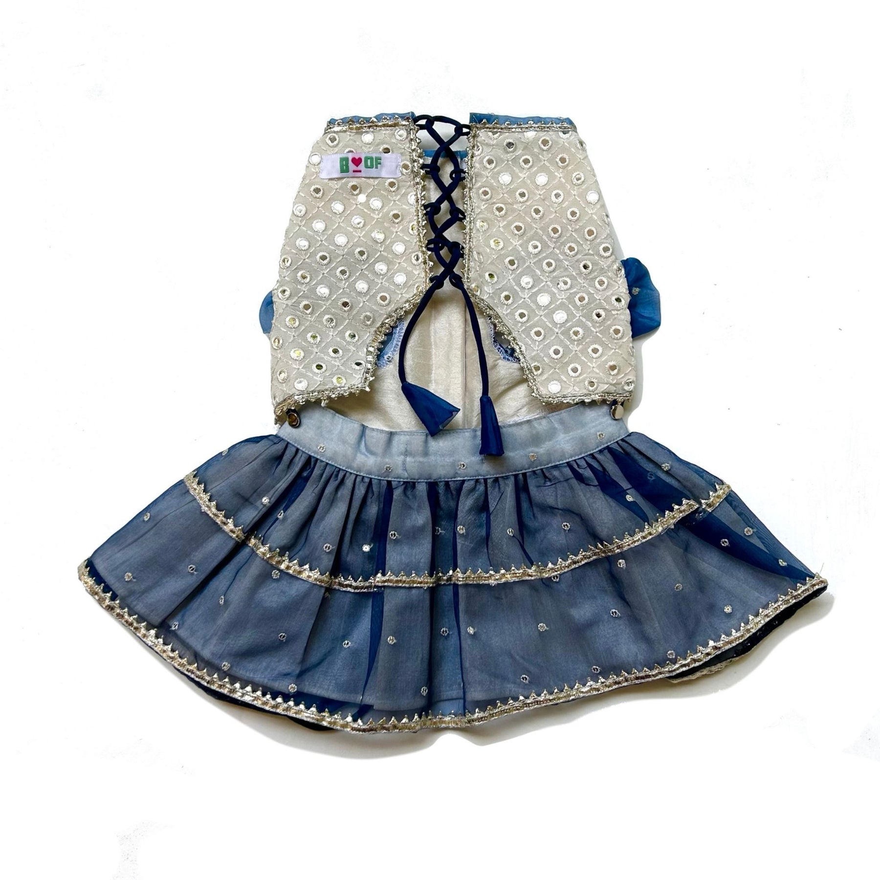 MIRROR WORK BLUE LEHENGA + SEQUINS BONE RAKHI FOR DOGS AND CATS