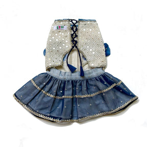 MIRROR WORK BLUE LEHENGA + SEQUINS BONE RAKHI FOR DOGS AND CATS