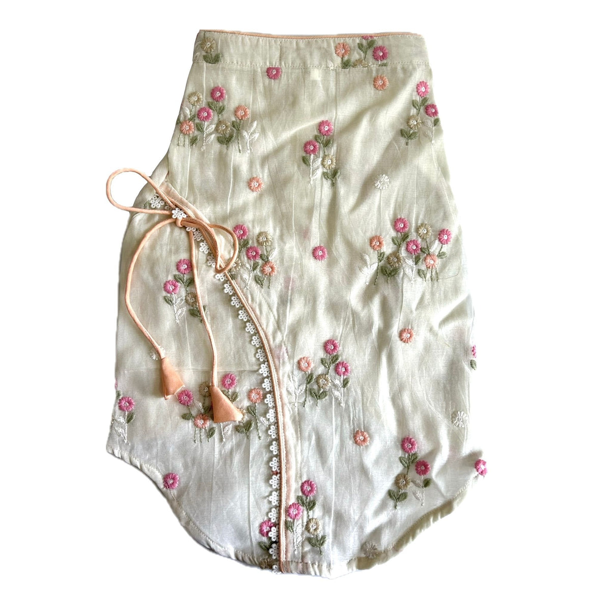 OFF-WHITE FLOWER EMBROIDERED DOG KURTA+LIGHT PINK PEARL RAKHI FOR DOGS AND CATS