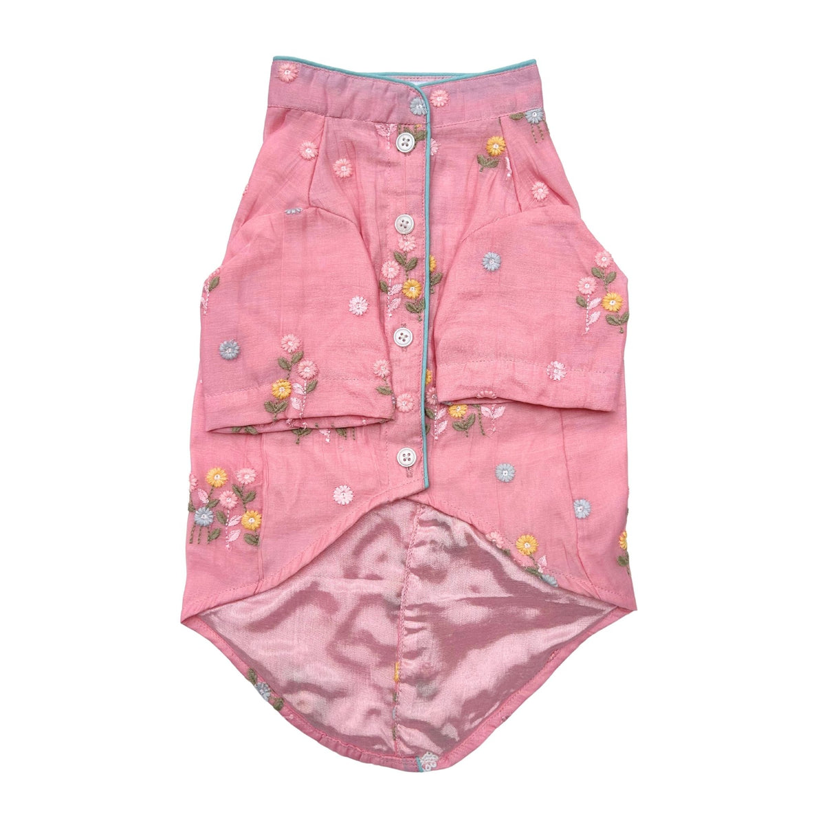 PINK FLOWER EMBROIDERED DOG KURTA + LIGHT PINK PEARL RAKHI FOR DOGS AND CATS