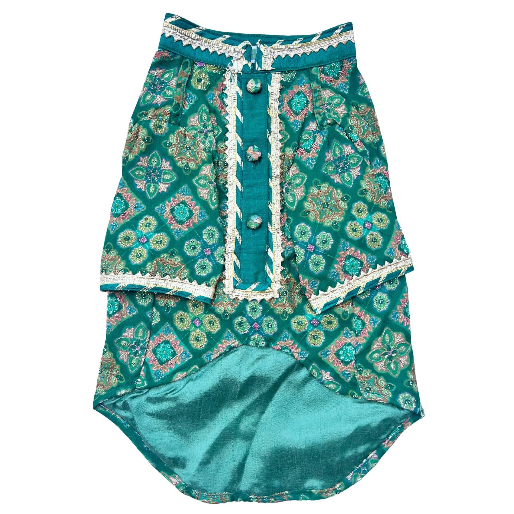 BOTTLE GREEN PATIALA MOTIF DOG KURTA+EMERALD GREEN BONE RAKHI FOR DOGS AND CATS