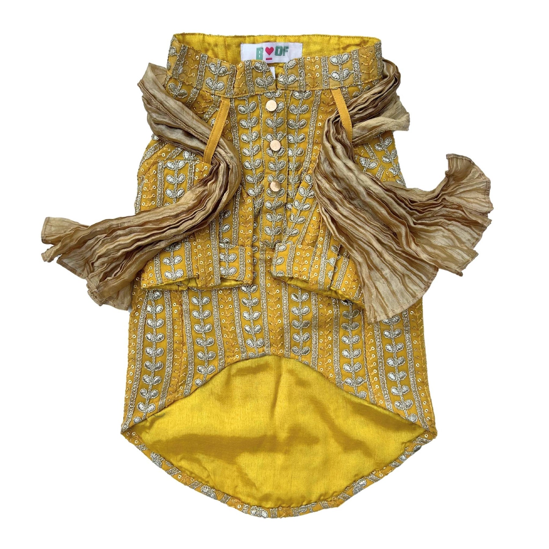 YELLOW LEAF DOG KURTA+SILVER YELLOW PEARL BONE RAKHI FOR DOGS AND CATS