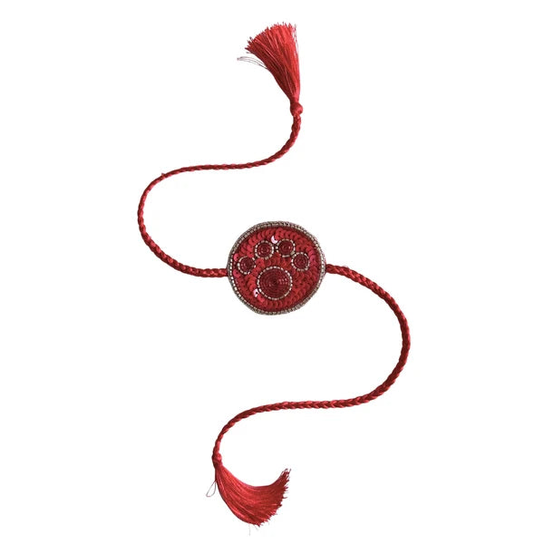 RED TISSUE FLORAL SEQUINS WAISTCOAT+RED PAW RAKHI FOR DOGS AND CATS