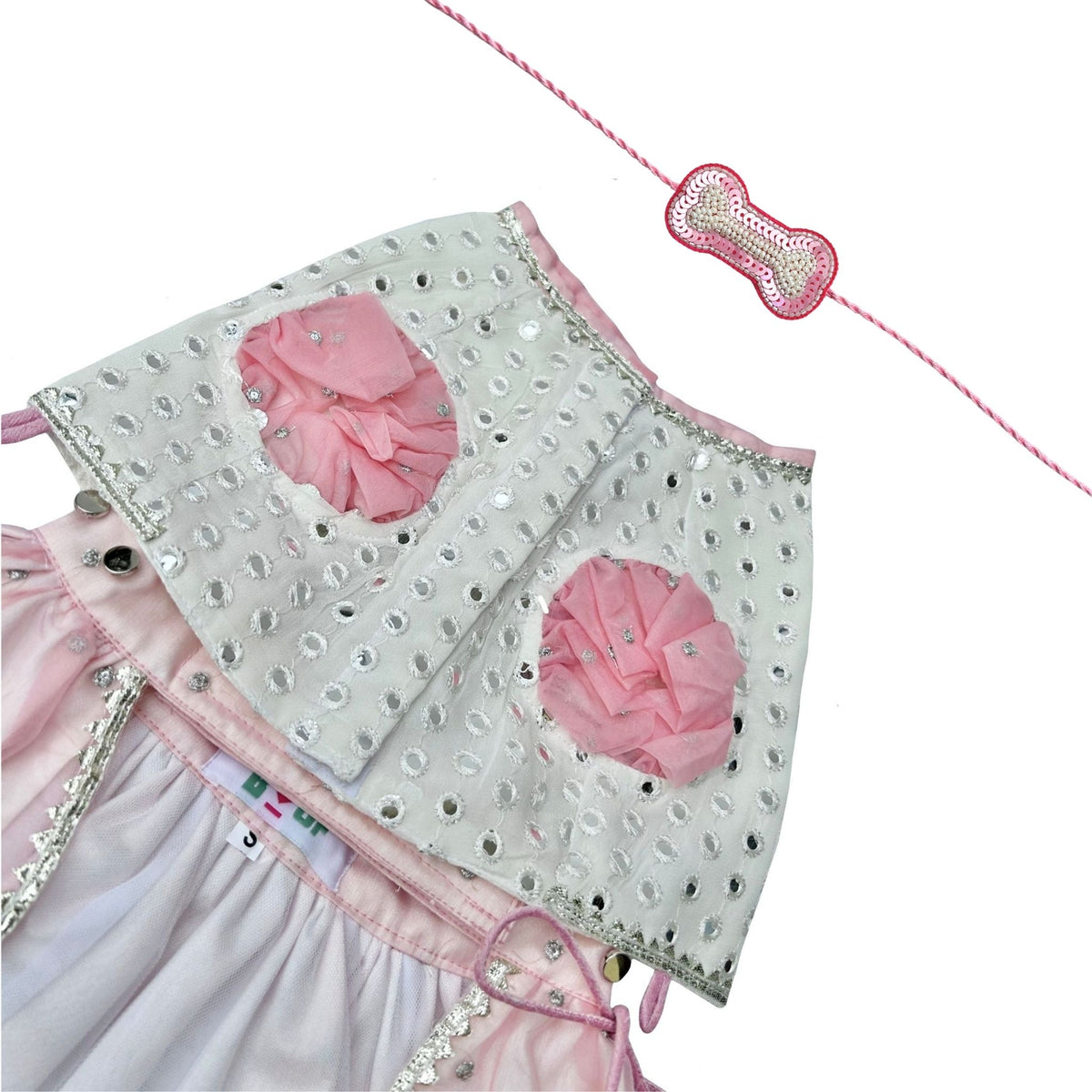MIRROR WORK PINK LEHENGA + PEARL BONE RAKHI FOR DOGS AND CATS