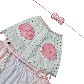 MIRROR WORK PINK LEHENGA + PEARL BONE RAKHI FOR DOGS AND CATS