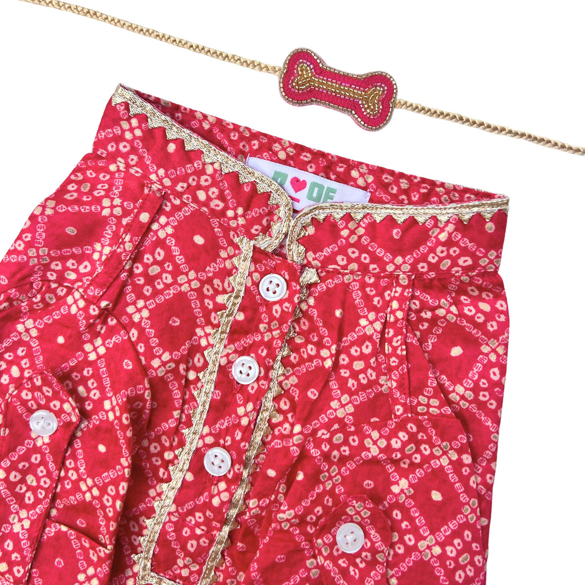 PINK BANDHANI COTTON KURTA + BONE RAKHI FOR DOGS AND CATS