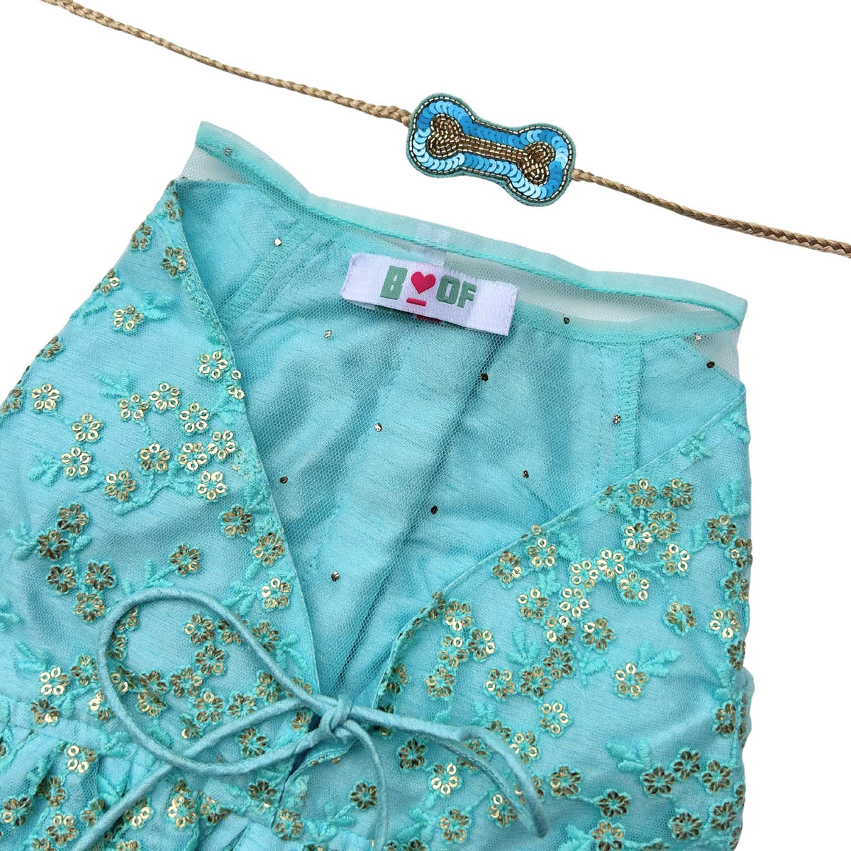 SEA BLUE SEQUINS EMBROIDERED DRESS + BONE RAKHI FOR DOGS AND CATS