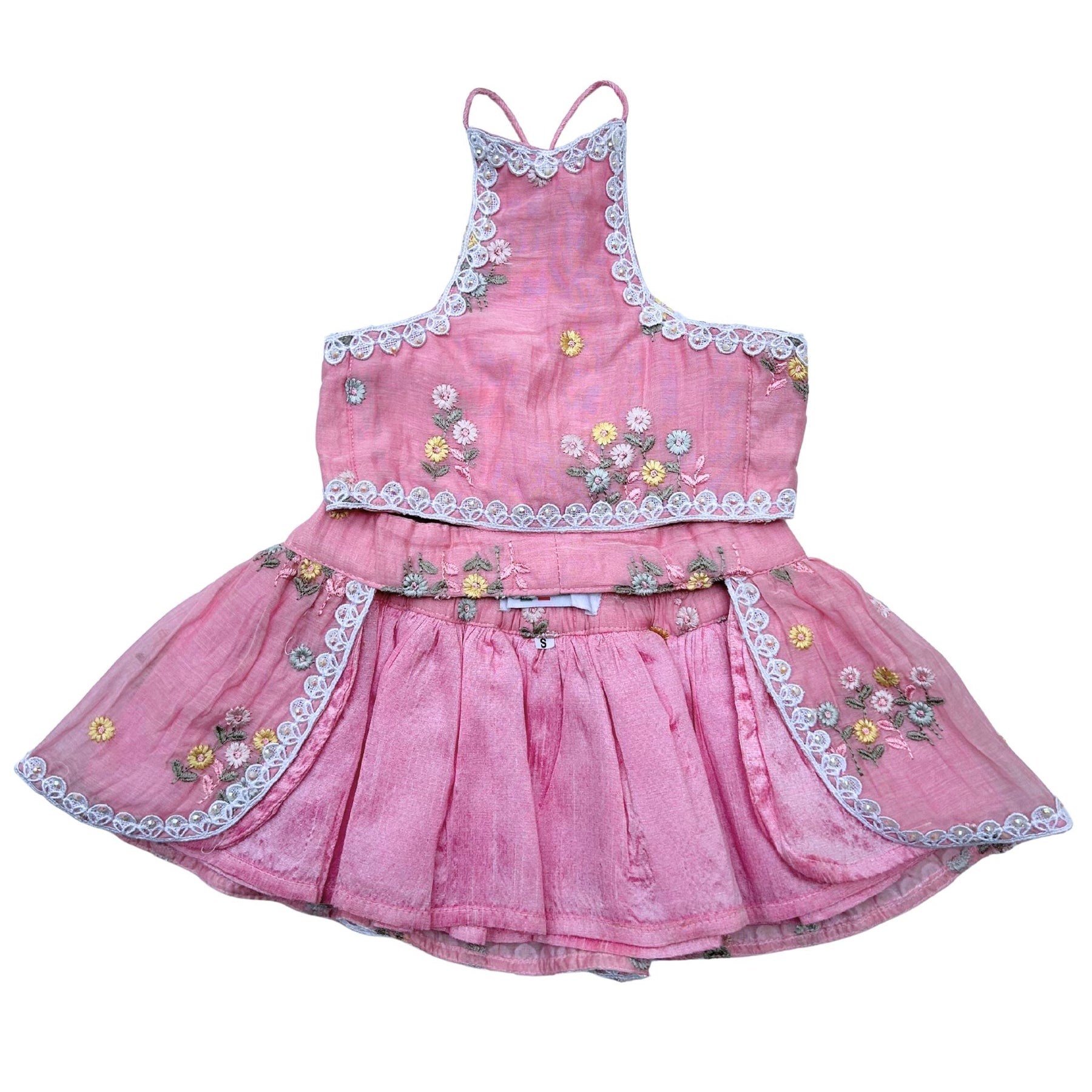 PINK FLOWER EMBROIDERED LEHENGA + LIGHT PINK PEARL RAKHI FOR DOGS AND CATS