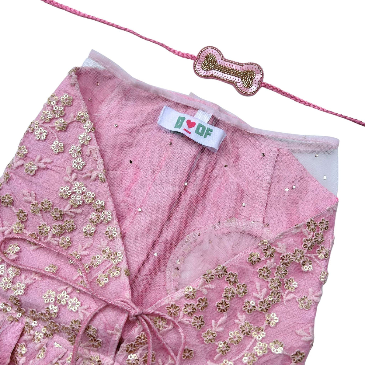 PINK SEQUINS EMBROIDERED DRESS + BONE RAKHI FOR DOGS AND CATS