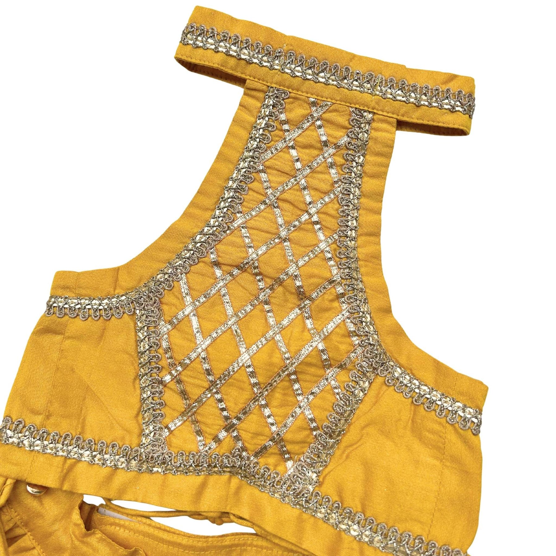 MUSTARD YELLOW LACE DETAILED HALTER NECK LEHENGA FOR DOGS AND CATS